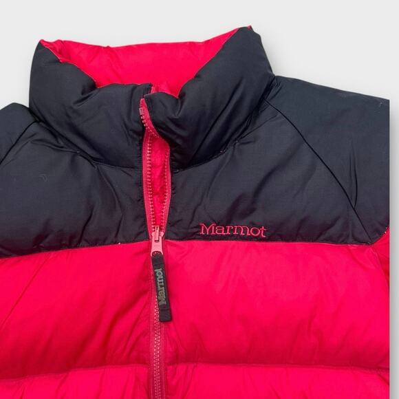 Vintage 90s Marmot Down Puffer Coat Full Zip Red Black Yoke Men's sz Medium - Picture 3 of 12